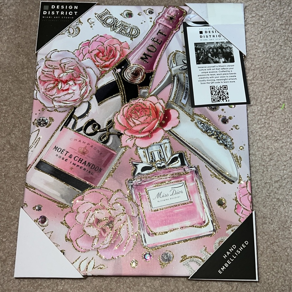 NWT Various Luxury perfume purse bag stacked books flowers wall art (14x11in)
